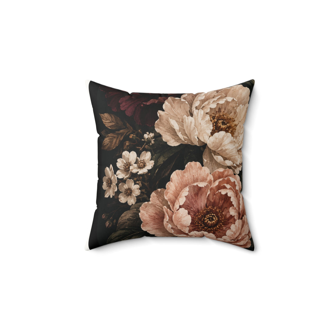 Floral Velvet Pillow — Vintage Dark Rose Peony Decorative Throw Pillow
