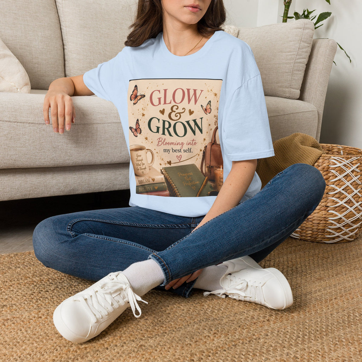 Glow &amp; Grow T-Shirt — Inspirational Butterfly Floral Tee