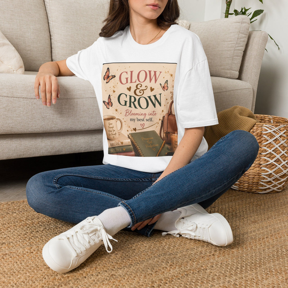 Glow &amp; Grow T-Shirt — Inspirational Butterfly Floral Tee