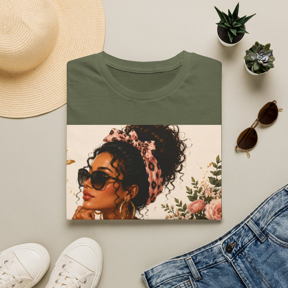 Vintage Floral Afro Woman Tee — Boho Chic Graphic T-Shirt