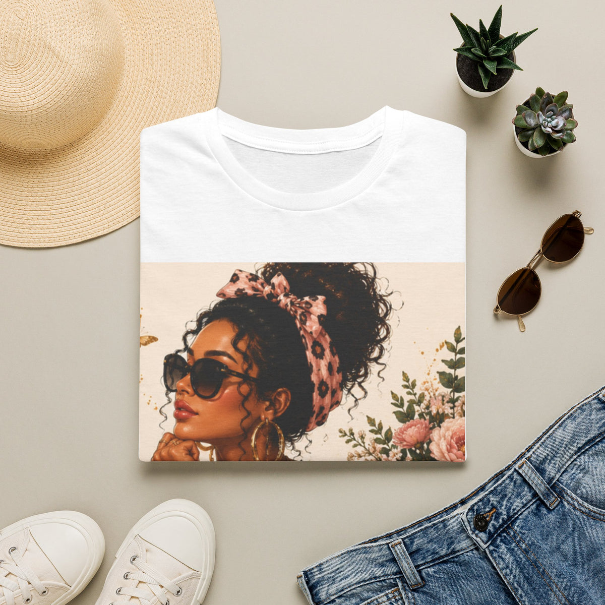 Vintage Floral Afro Woman Tee — Boho Chic Graphic T-Shirt