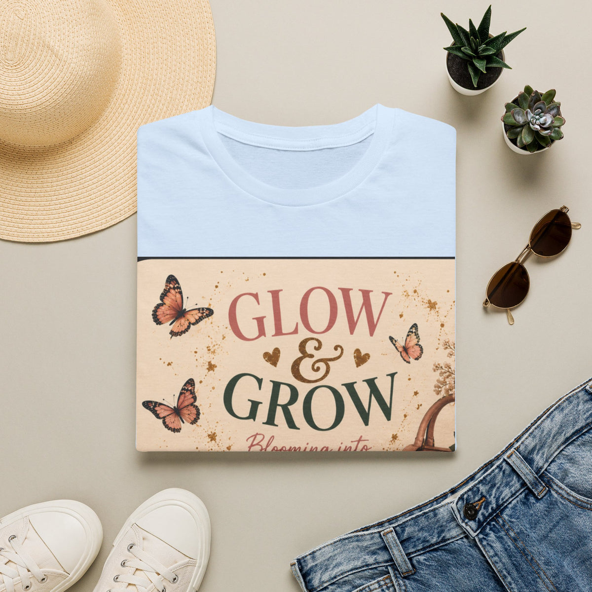 Glow &amp; Grow T-Shirt — Inspirational Butterfly Floral Tee