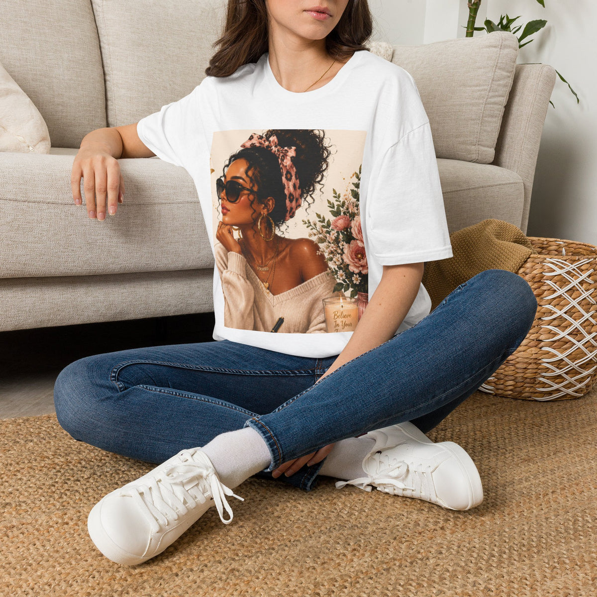 Vintage Floral Afro Woman Tee — Boho Chic Graphic T-Shirt