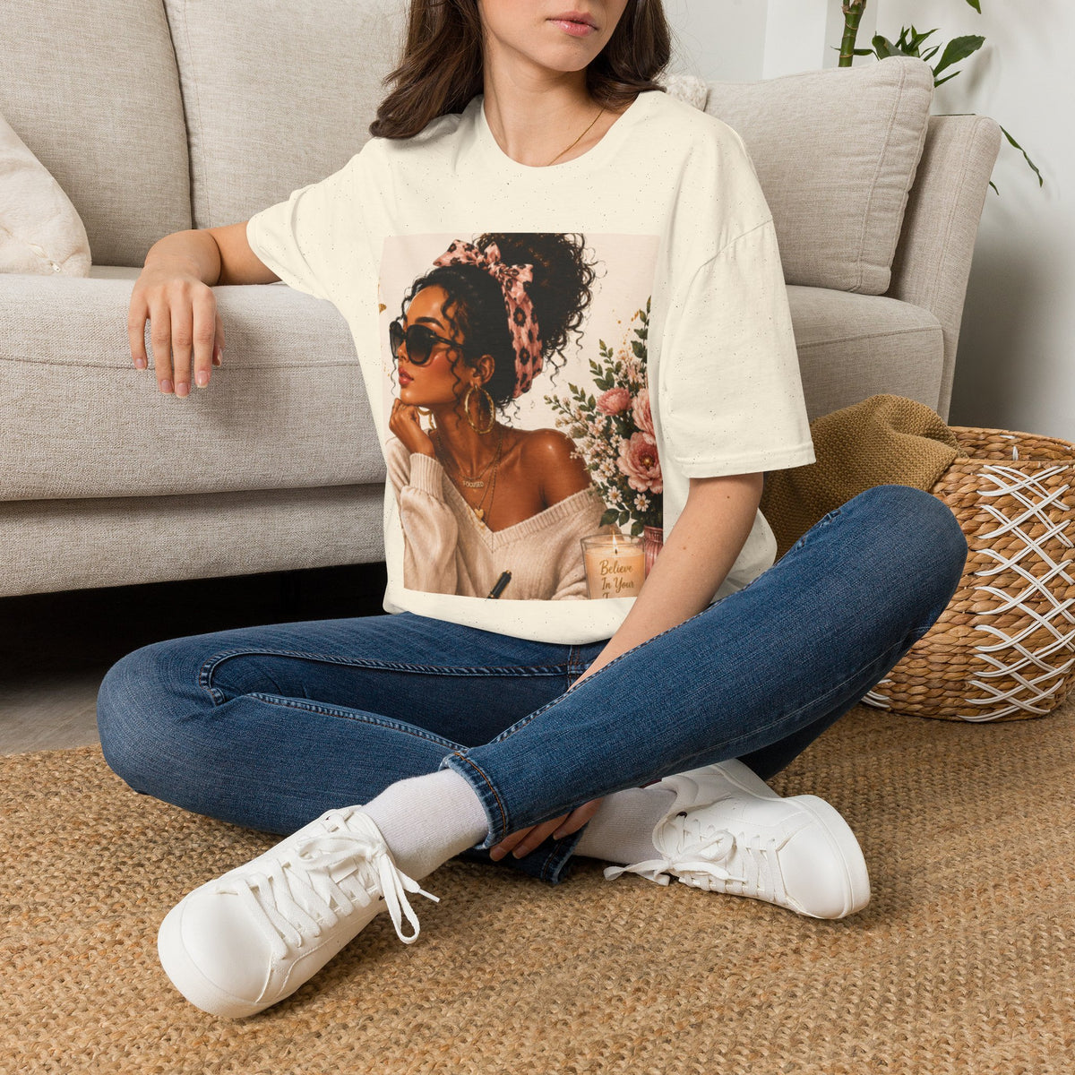 Vintage Floral Afro Woman Tee — Boho Chic Graphic T-Shirt