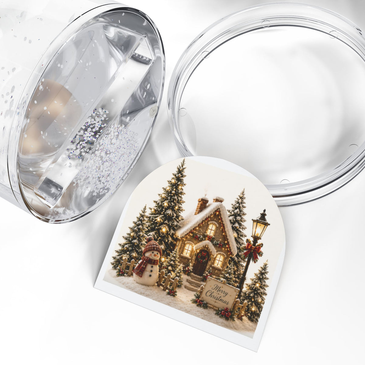 Christmas Cottage Snow Globe — Festive Holiday Figurine with Snowman