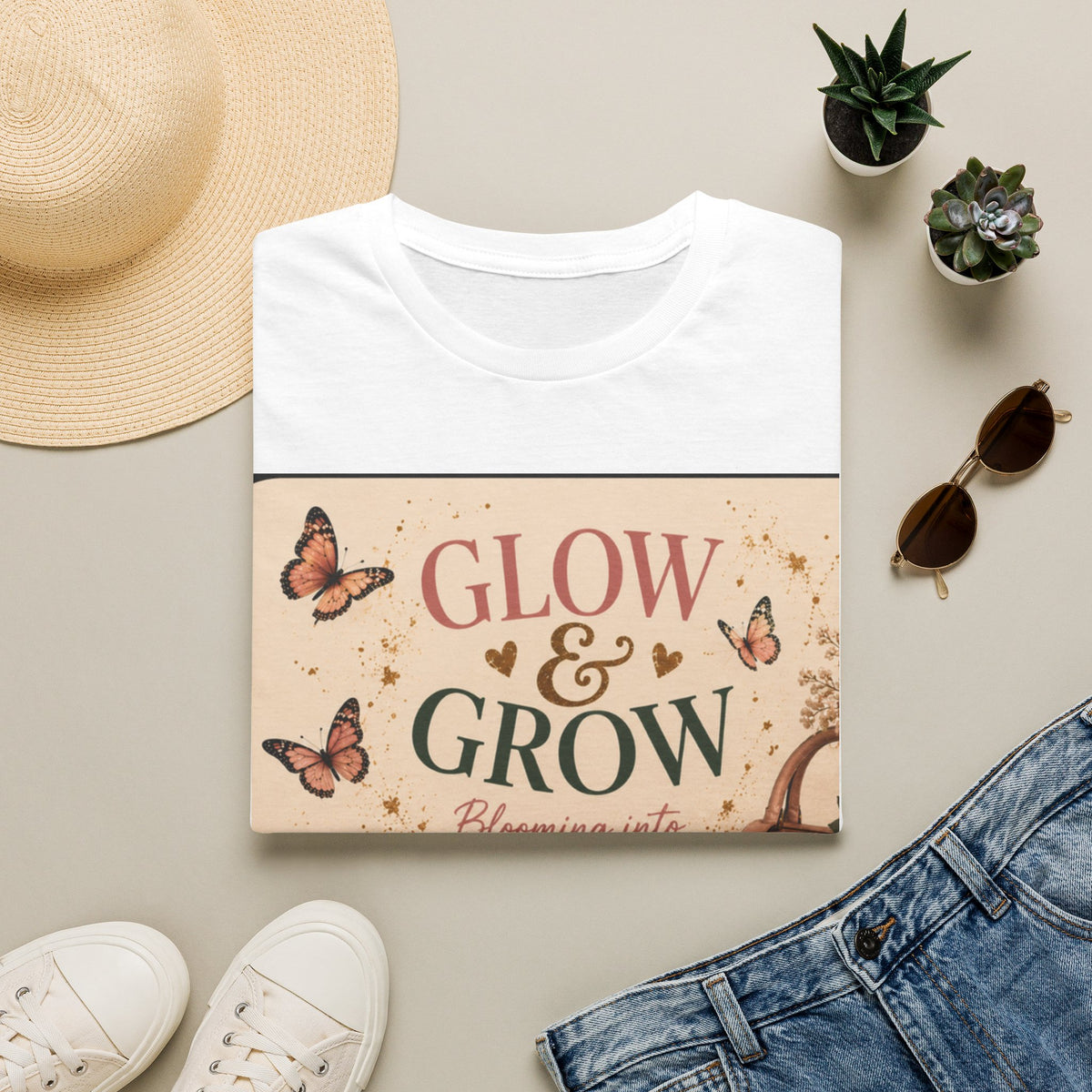 Glow &amp; Grow T-Shirt — Inspirational Butterfly Floral Tee