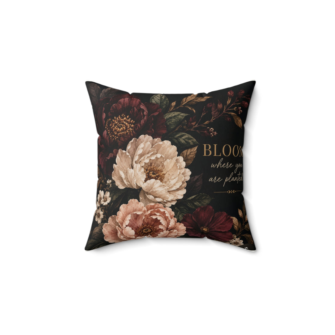 Floral Velvet Pillow — Vintage Dark Rose Peony Decorative Throw Pillow