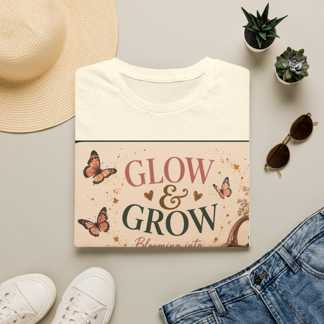 Glow &amp; Grow T-Shirt — Inspirational Butterfly Floral Tee